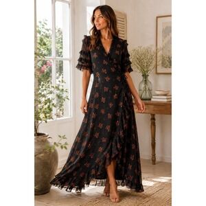 Zara Black Sheer Ruffle Wrap Maxi Dress M Lined Floral Boho Romantic Witchy